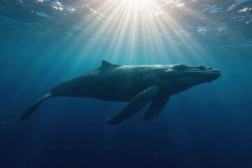 Fototapeta premium Silhouette of a massive blue whale swimming beneath the surface of the ocean, marine life, blue whale, animal