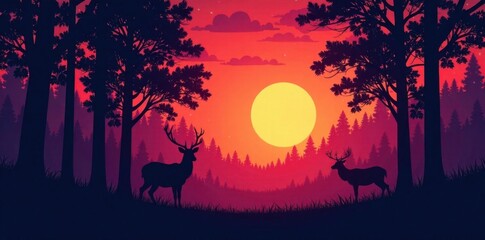 Silhouette of trees and deer in a forest at dusk, woodland creatures, forest landscape, silhouette of deer