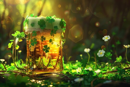 beeg mug with clovers in garden