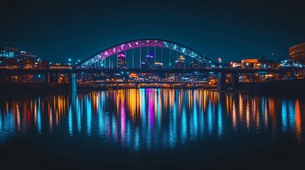 Fototapeta premium Night Cityscape Reflection on Water with Illuminated Bridge Arch