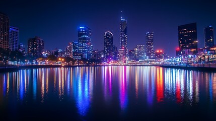 Fototapeta premium City Skyline at Night Reflecting on Water with Colorful Lights