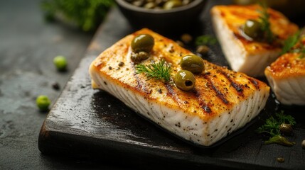 Whole fish displayed on a rustic wooden cutting board ready for preparation surrounded by fresh vegetables and herbs