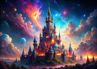 Futuristic Cosmic Cityscape: Magical AI Castle & Gleaming Metropolis - Stock Photo