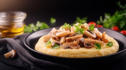 A delicious plate of gourmet food featuring saut?ed mushrooms artfully arranged for a satisfying culinary experience
