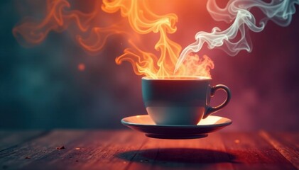 Smoke swirling around a coffee cup suspended in mid-air, mist, suspension, smoke