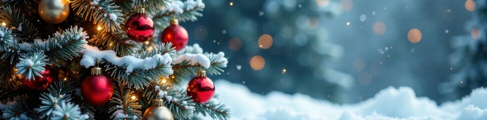 Snow-covered Christmas tree with ornaments and garlands , festive, branches, sparkling