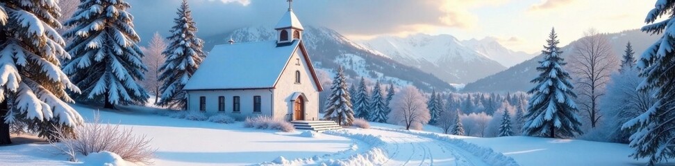 Snow-covered church in a village during winter, snow, village, church