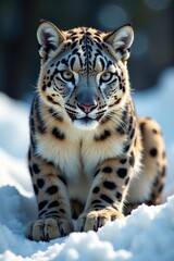 Naklejka premium Snow leopard crouching with front paws, mountain, paw prints, snow leopard