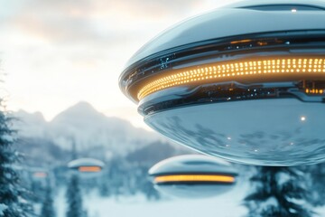 Obraz premium A futuristic glass and steel bridge spanning a mega-city skyline, with glowing LED panels and hovering vehicles below