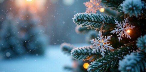 Snowflakes falling gently on a frosty Christmas tree, snowy, holiday decorations, christmas tree