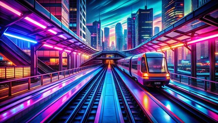 Fototapeta premium Futuristic Neon Cityscape: Glowing Transportation Network & Abstract Background