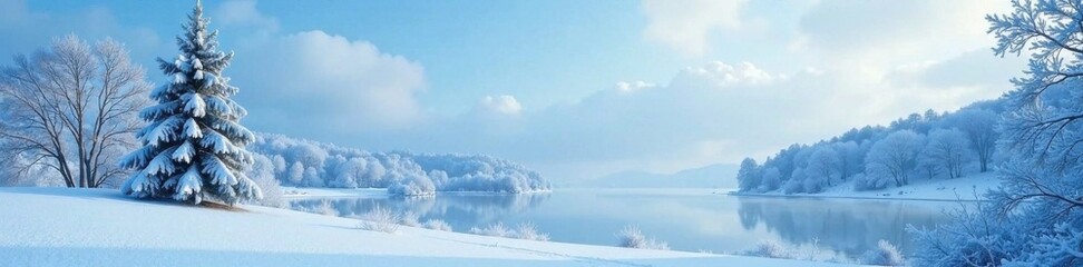 Snowy blue landscape with frosty trees and a frozen lake, landscape, peaceful, blues christmas