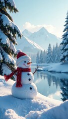 Obraz premium Snowman in winter scenery with snow-covered trees and frozen lake, snowy landscape, winter wonderland, serene atmosphere
