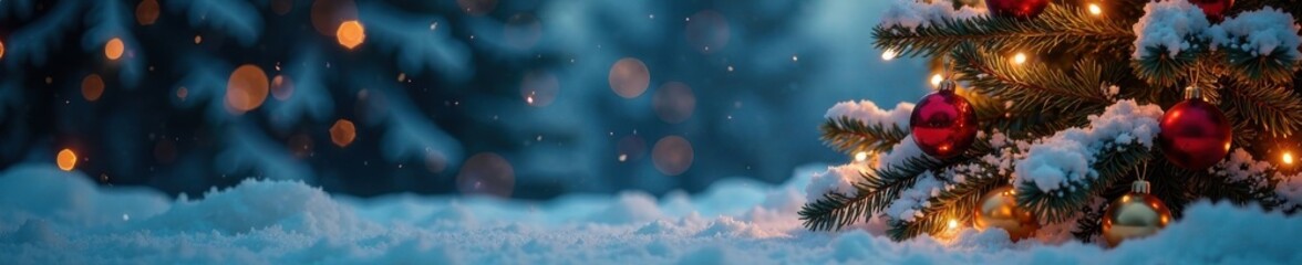 Snowy Christmas tree decorated with ornaments and lights, winter, winter wonderland, holiday