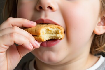 Close-Up of a Young Child Enjoying a Delicious Sweet Biscuit Snack with a Focus on Their Delightful Expression and Adorable Features