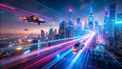 Obraz premium Futuristic Polka Dot Transportation: Long Exposure Cityscape Wallpaper