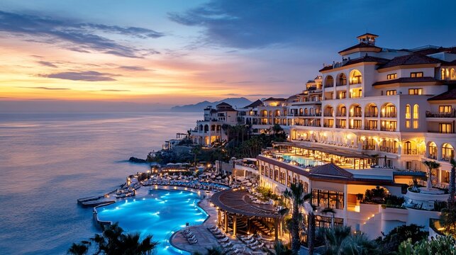 Luxury coastal resort at dusk offering breathtaking ocean views with illuminated buildings