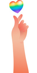 Illustration of love gesture hand holding rainbow heart represent pride month celebration