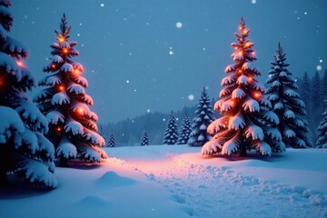 Snowy winter scene with spruce trees and Christmas lights, winter wonderland, snow-covered landscape, snowy scenery
