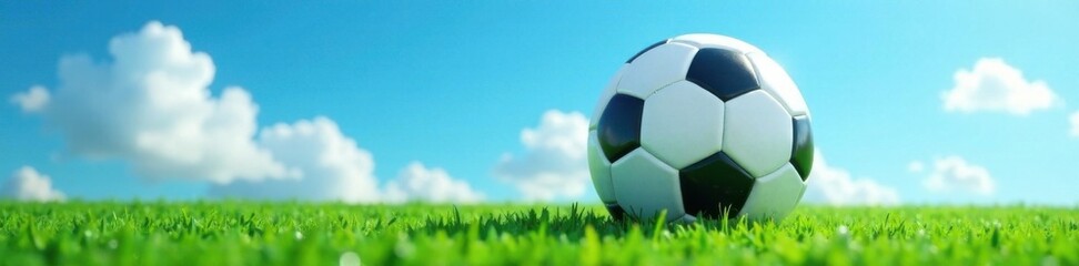 Fototapeta premium Soccer ball bouncing on green grass with blue sky , ballon, nature, sport