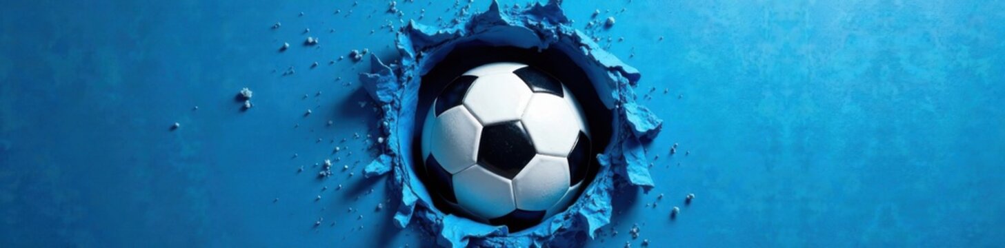 Fototapeta Soccer ball flies through small hole in blue filet , motion, flight, soccer