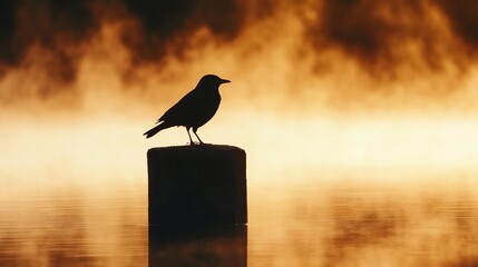 Solitary bird silhouette at sunrise, misty lake