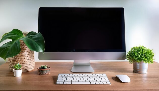 Product Setup Amidst Tropical Greenery iMac Computer with Keyboard and Magic Mouse Next to a Monstera Plant Pot in a Vibrant Thai Home Office, Bringing Nature Indoors