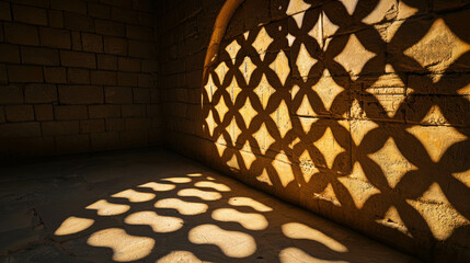 Artistic Light Play in a Detailed Scene with Intricate Shadows on Stone Wall