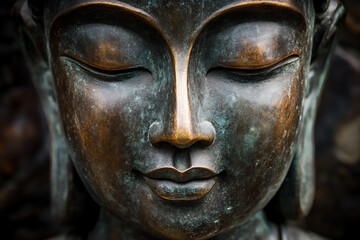a close-up of the face and head of an ancient chinese bronze statue,