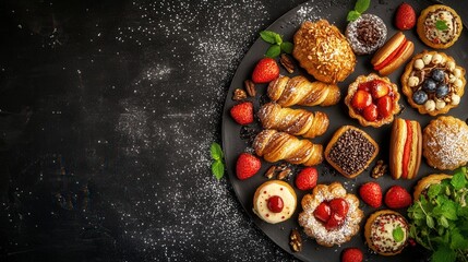 Assorted plate of delectable pastries including croissants, eclairs, and tarts arranged artfully for dessert lovers
