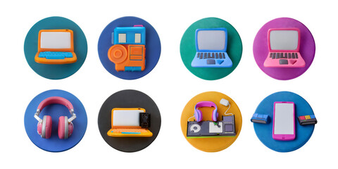 Colorful Office Accessories and Devices in Playful Design Styles, isolated on transparent background