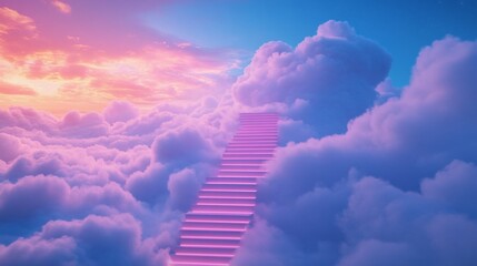 Pink Neon Stairway Leading Through Fluffy Clouds With A Pastel Sky At Sunset