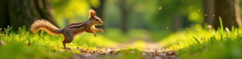 Obraz premium Squirrels jumping and chasing each other in the park, park, outdoors, forest