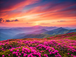 Fototapeta premium sunset in the mountains. sunset, sky, landscape, mountain, sunrise, nature, sun, mountains, clouds, cloud, orange, dawn, dusk, red, field, view, morning, summer, sunlight, evening, beauty, beautiful, 