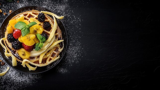 A beautifully arranged plate of gourmet food set against a dramatic black background for elegant presentation - Powered by Adobe