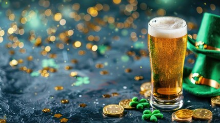 beer glass shamrock gold coins green aht on golden glitter dark background empty space