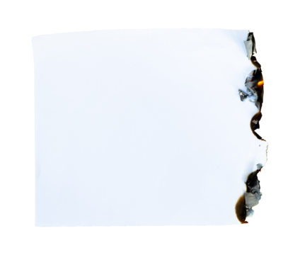 Blank white paper with burnt edges isolated on white background
