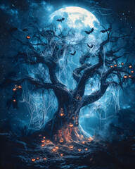 Obraz premium Enchanted Halloween Night with Eerie Tree and Glowing Pumpkins