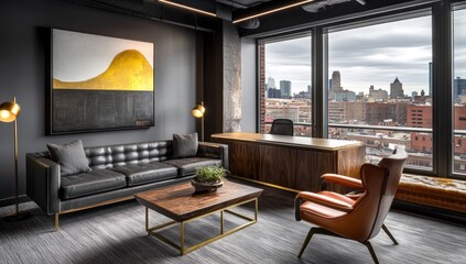 Modern office space with city views.  Executive lounge area with leather furniture, a large window, and a contemporary art piece.