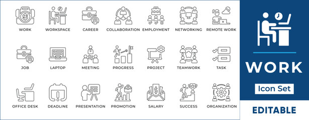 Work Line Icon Set. Features editable icons for work symbols, career, job, office, business, and more. Perfect for business, HR, and workplace designs.