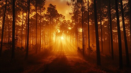 Fototapeta premium Sunbeams Illuminate Misty Pine Forest Path