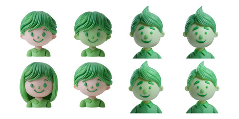 Cute Green-haired Character Collection for Creative Projects, isolated on transparent background
