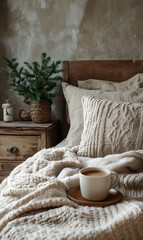 Cozy Home Setting with a Cup of Latte on a Knitted Blanket