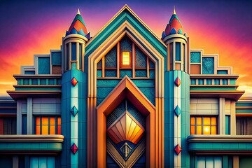 Obraz premium Geometric Vintage Building Facade: Art Deco Architectural Details, Retro Design