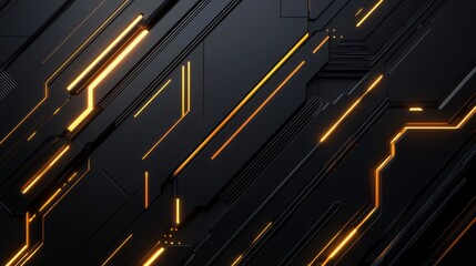Obraz premium Abstract Futuristic Technology Background with Glowing Orange Lines and Dark Black Geometric Shapes