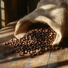Coffee Beans Spilling from a Burlap Bag onto a Wooden Surface