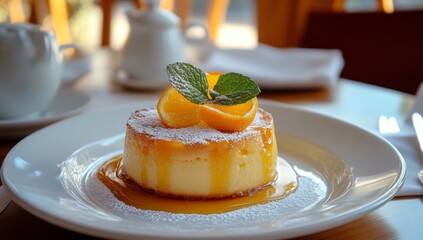 Creamy orange flan dessert on restaurant table
