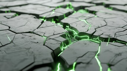 Abstract Glowing Green Lines on Cracked Grey Surface