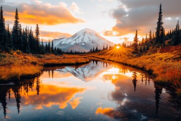 A mountain lake surrounded by pine trees, with the sunset colors mirrored perfectly on its still surface