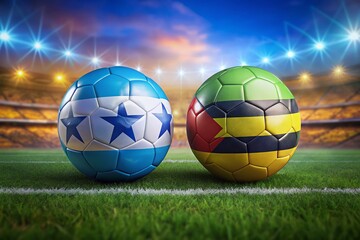 Fototapeta premium Ghana vs Uruguay Soccer Match: Two Footballs in National Team Colors on Blurred Stadium Background